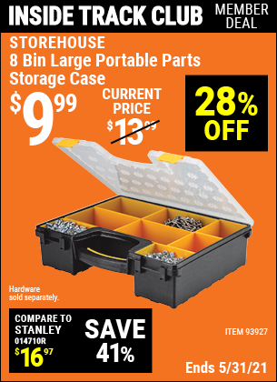 Inside Track Club members can buy the STOREHOUSE 8 Bin Large Portable Parts Storage Case (Item 93927) for $9.99, valid through 5/27/2021.