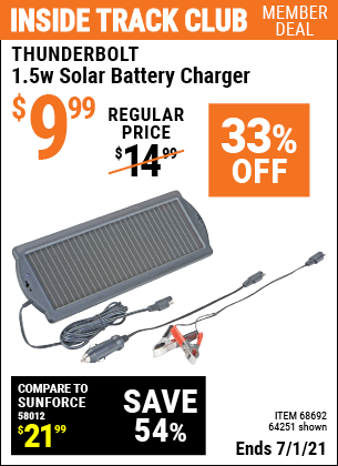 Inside Track Club members can buy the THUNDERBOLT 1.5 Watt Solar Battery Charger (Item 62449/68692/64251) for $9.99, valid through 7/1/2021.