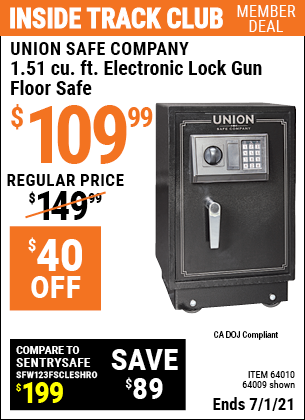 Inside Track Club members can buy the UNION SAFE COMPANY 1.51 cu. ft. Electronic Lock Gun Floor Safe (Item 64009/64010) for $109.99, valid through 7/1/2021.