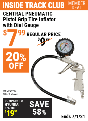 Inside Track Club members can buy the CENTRAL PNEUMATIC Pistol Grip Tire Inflator with Dial Gauge (Item 68270/56714) for $7.99, valid through 7/1/2021.