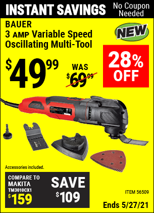 Buy the BAUER 3A Variable Speed Oscillating Multi-Tool (Item 56509) for $49.99, valid through 5/27/2021.