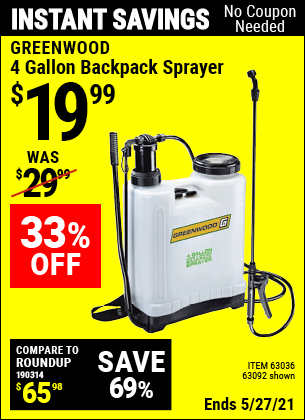 GREENWOOD 4 gallon Backpack Sprayer for $19.99 – Harbor Freight Coupons
