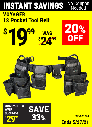 Buy the VOYAGER 18 Pocket Heavy Duty Tool Belt (Item 63294) for $19.99, valid through 5/27/2021.