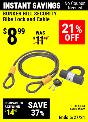 Buy the BUNKER HILL SECURITY Bike Lock And Cable (Item 64400/66364) for $8.99, valid through 5/27/2021.