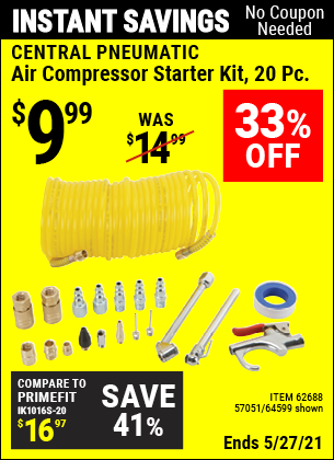 Buy the CENTRAL PNEUMATIC Air Compressor Starter Kit 20 Pc. (Item 64599/62688/57051) for $9.99, valid through 5/27/2021.