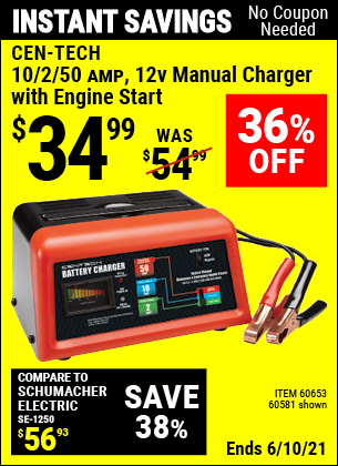Buy the CEN-TECH 12V Manual Charger With Engine Start (Item 60581/60653) for $34.99, valid through 6/10/2021.