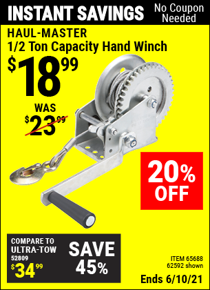 HAUL-MASTER 1/2 Ton Capacity Hand Winch for $18.99 – Harbor Freight Coupons