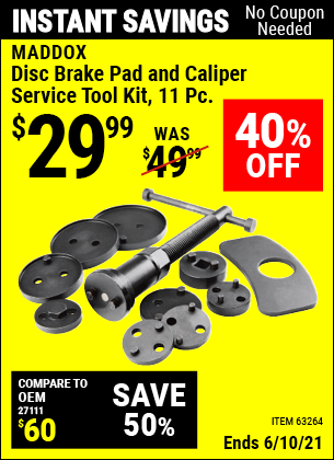Buy the MADDOX Disc Brake Pad and Caliper Service Tool Kit 11 Pc. (Item 63264) for $29.99, valid through 6/10/2021.