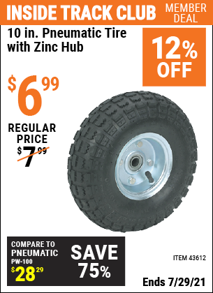 10 in. Pneumatic Tire with Zinc Hub for $6.99 – Harbor Freight Coupons