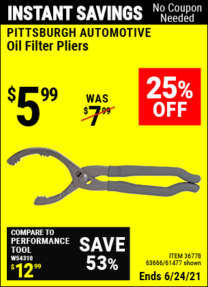 Buy the PITTSBURGH AUTOMOTIVE Oil Filter Pliers (Item 61477/36778/63666) for $5.99, valid through 6/24/2021.
