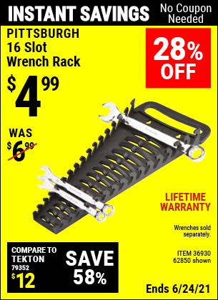 Buy the PITTSBURGH 16 Slot Wrench Rack (Item 62850/36930) for $4.99, valid through 6/24/2021.
