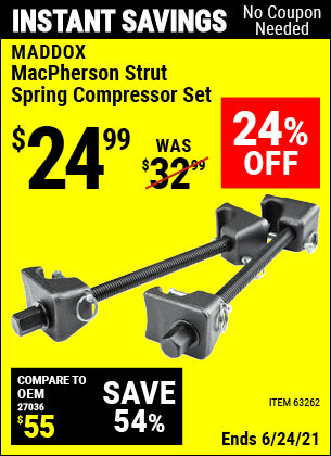 Buy the MADDOX MacPherson Strut Spring Compressor Set (Item 63262) for $24.99, valid through 6/24/2021.