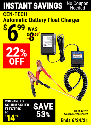 Buy the CEN-TECH Automatic Battery Float Charger (Item 42292/42292/64284) for $6.99, valid through 6/24/2021.