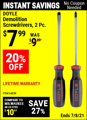 DOYLE Demolition Screwdrivers 2 Pc. for $7.99 – Harbor Freight Coupons