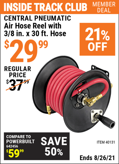 CENTRAL PNEUMATIC Air Hose Reel with 3/8 in. x 30 ft. Hose for $29.99 –  Harbor Freight Coupons
