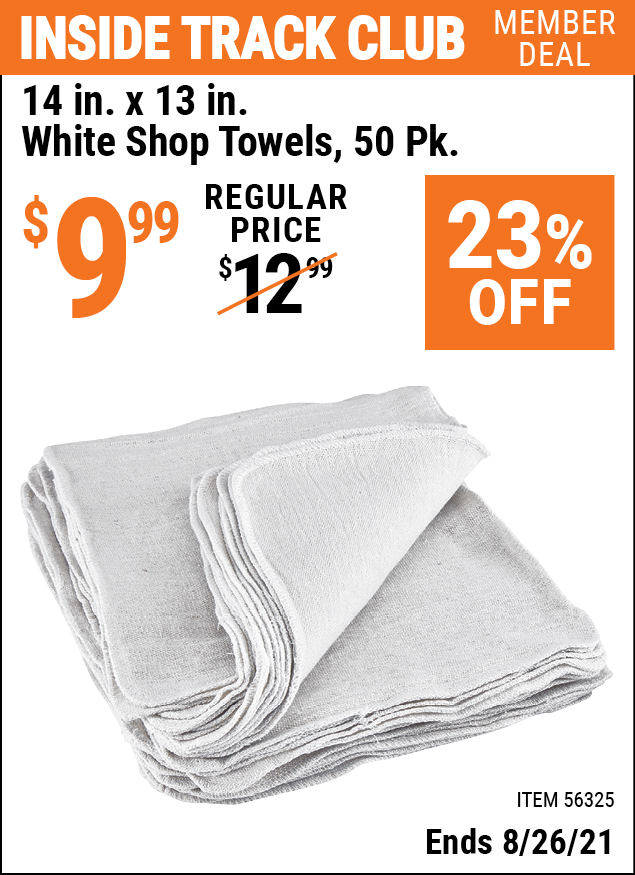14 in. x 13 in. White Shop Towels 50 Pk. for 9.99 Harbor Freight Coupons