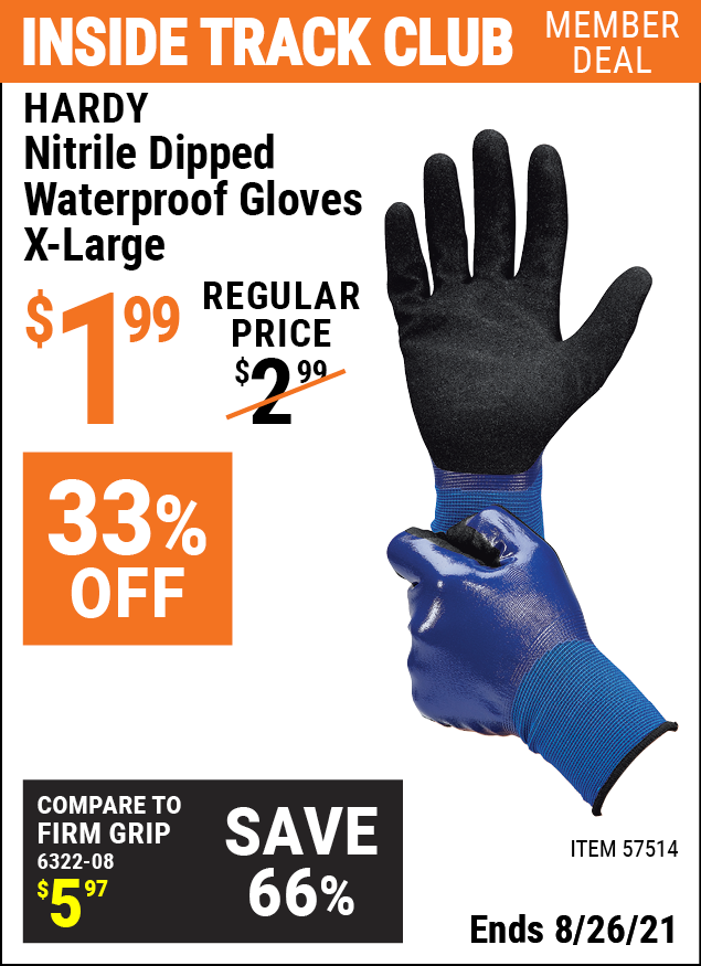 HARDY Nitrile Dipped Waterproof Gloves XLarge Item 57514 Harbor