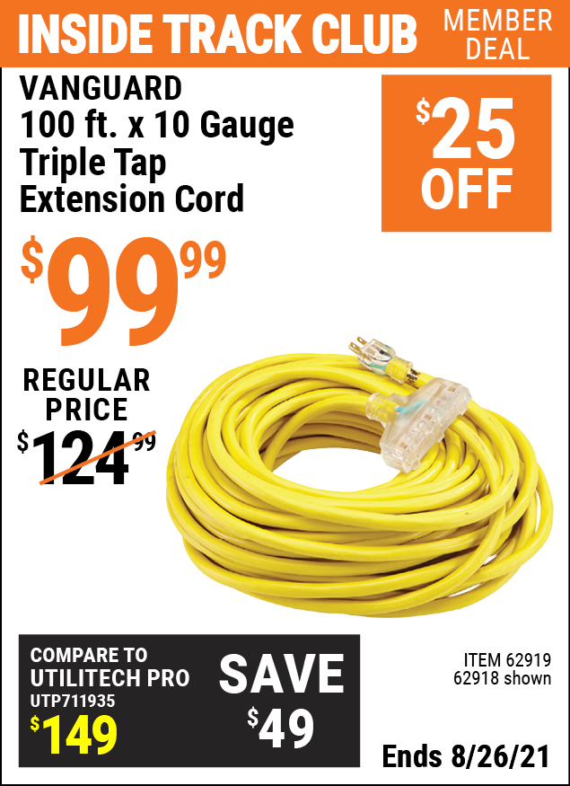 VANGUARD 100 Ft. x 10 Gauge Triple Tap Extension Cord for 99.99