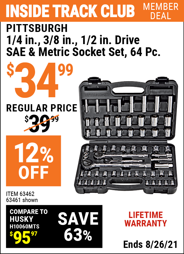 Pittsburgh 64 Pc 1 4 In. 3 8 In. 1 2 In. Drive Sae & Metric Socket Set 