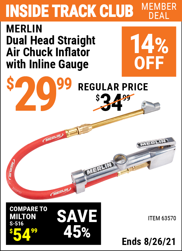 MERLIN Dual Head Straight Air Chuck Inflator with Inline Gauge for 29.