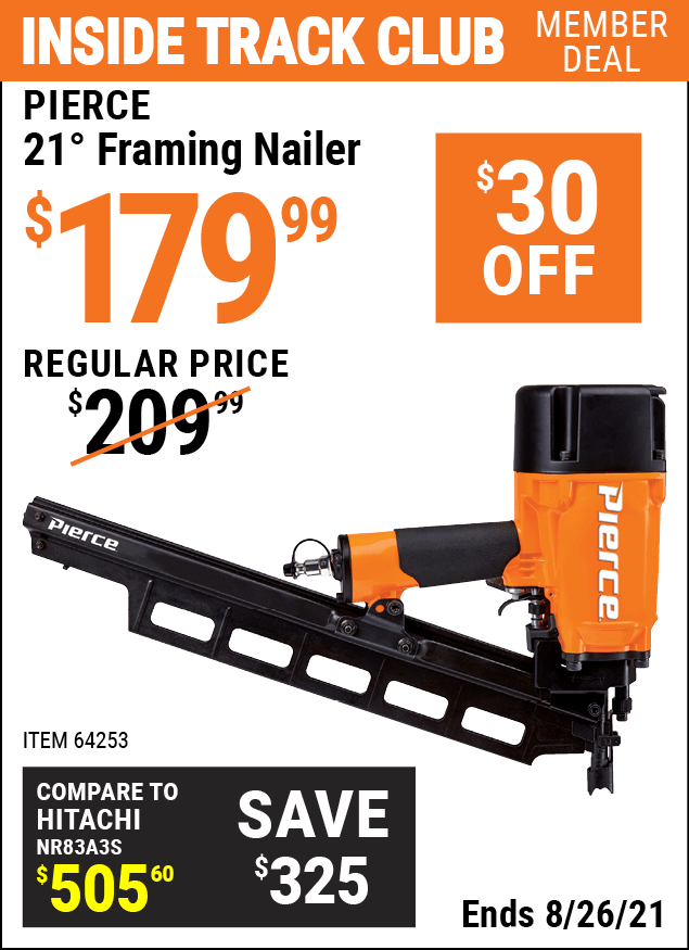 PIERCE 21° Framing Nailer for 179.99 Harbor Freight Coupons