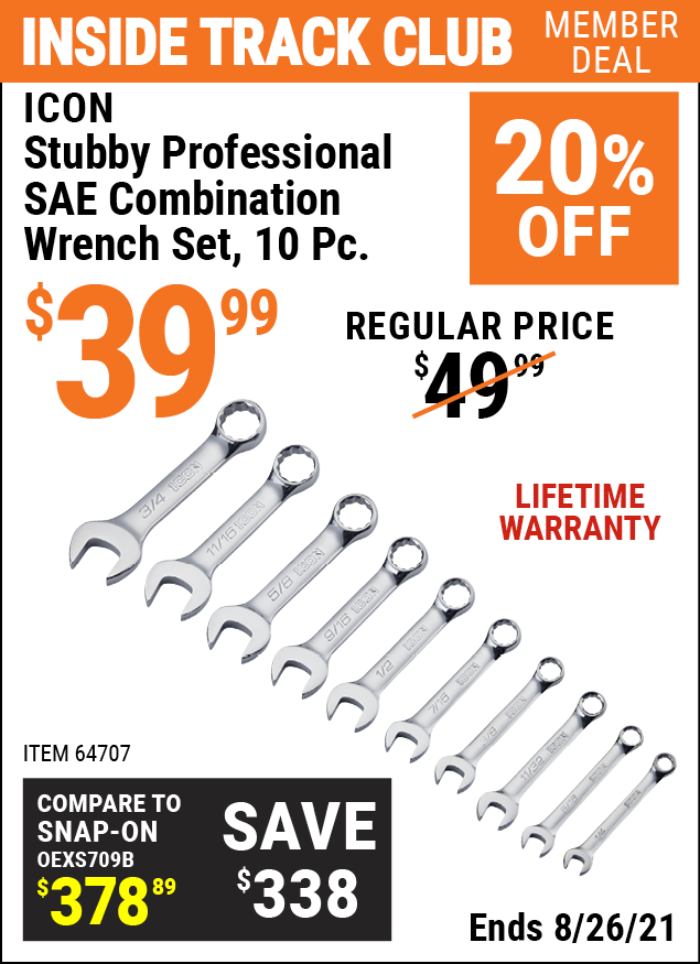 ICON SAE Stubby Professional Combination Wrench Set 10 Pc. for 39.99
