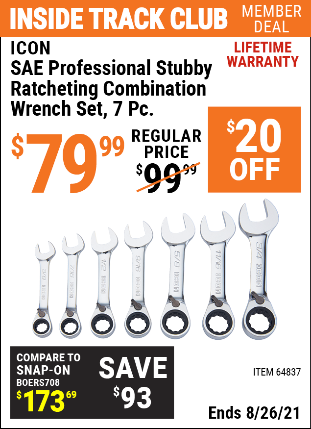 ICON 7 Pc SAE Professional Stubby Ratcheting Combination Wrench Set for