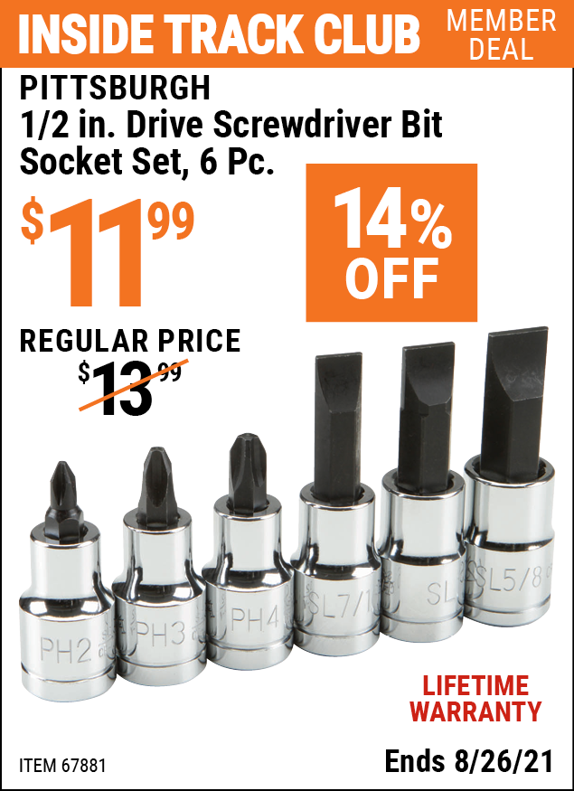 PITTSBURGH 1/2 in. Drive Screwdriver Bit Socket Set 6 Pc. for 11.99