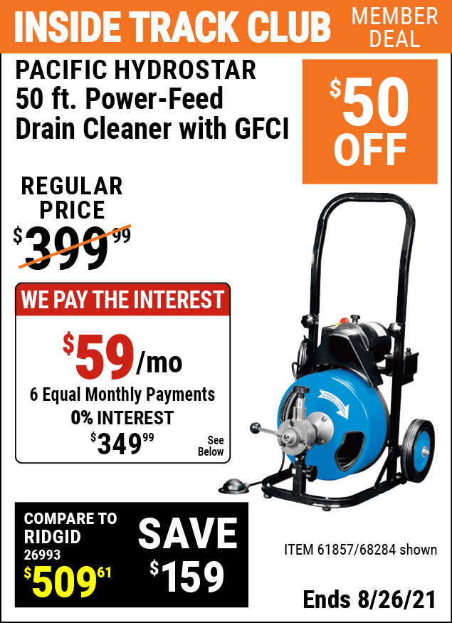 PACIFIC HYDROSTAR 50 Ft. Commercial PowerFeed Drain Cleaner with GFCI