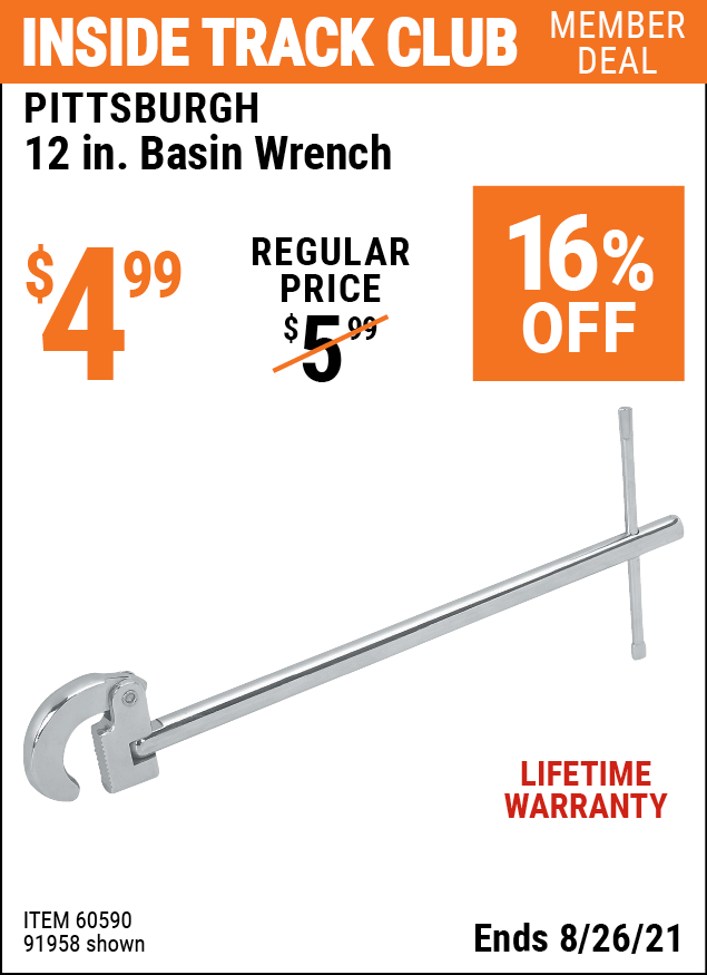 PITTSBURGH 12 in. Basin Wrench for $4.99 – Harbor Freight Coupons