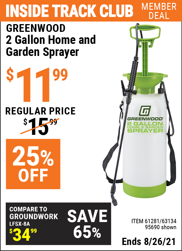 GREENWOOD 2 gallon Home and Garden Sprayer Item 95690 / 61281 / 63134