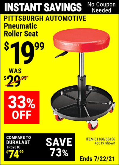 Buy the PITTSBURGH AUTOMOTIVE Pneumatic Roller Seat (Item 46319/61160/63456) for $19.99, valid through 7/22/2021.