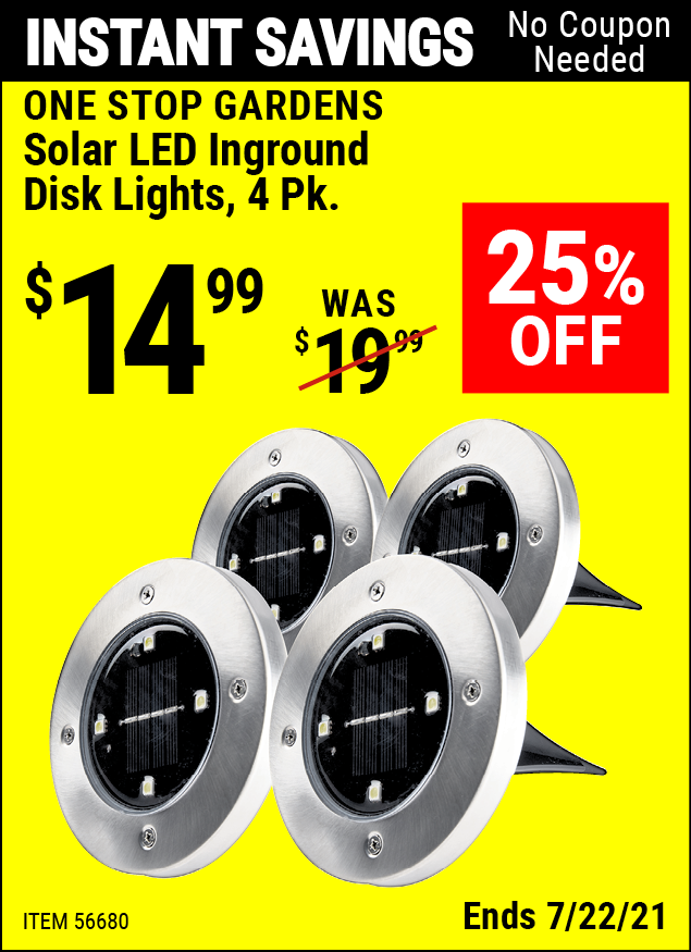 ONE STOP GARDENS Inground Solar Disk Lights, 4 Pc. for 14.99 Harbor Freight Coupons