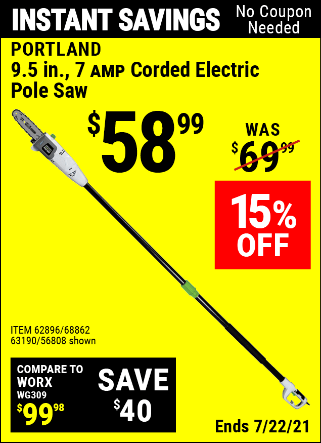 PORTLAND 9.5 In. 7 Amp Electric Pole Saw for $58.99 – Harbor Freight