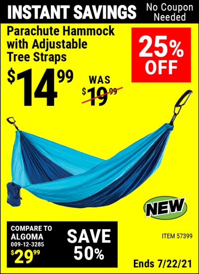 Buy the Parachute Hammock With Adjustable Tree Straps (Item 57399) for $14.99, valid through 7/22/2021.