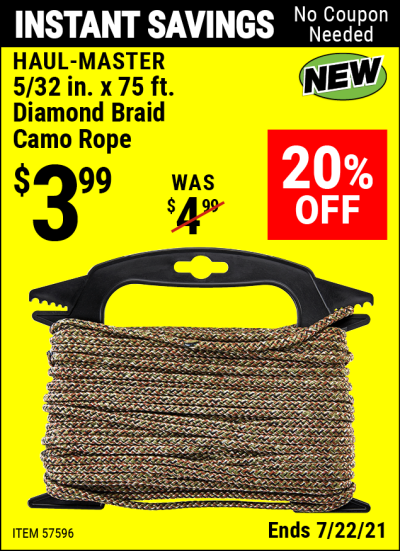 Buy the HAUL-MASTER 5/32 In. X 75 Ft. Diamond Braid Camo Rope (Item 57596) for $3.99, valid through 7/22/2021.