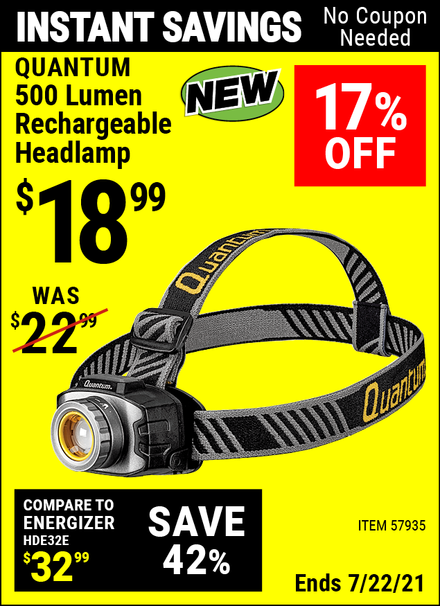 QUANTUM 500 Lumen Rechargeable Headlamp for 18.99 Harbor Freight Coupons