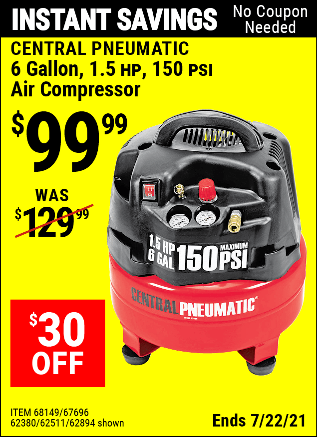 CENTRAL PNEUMATIC 6 gallon 1.5 HP 150 PSI Professional Air Compressor