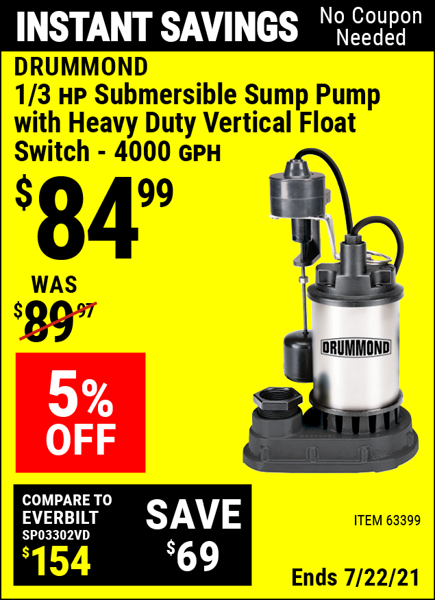 DRUMMOND 1/3 HP Submersible Sump Pump with Heavy Duty Vertical Float