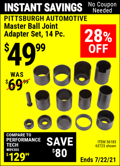 Buy the PITTSBURGH AUTOMOTIVE Master Ball Joint Adapter Set 14 Pc. (Item 63725/56183) for $49.99, valid through 7/22/2021.