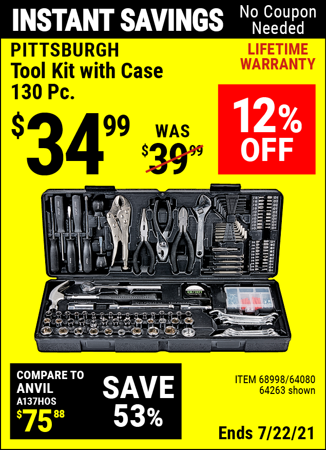 PITTSBURGH 130 Pc Tool Kit With Case for $34.99 – Harbor Freight Coupons