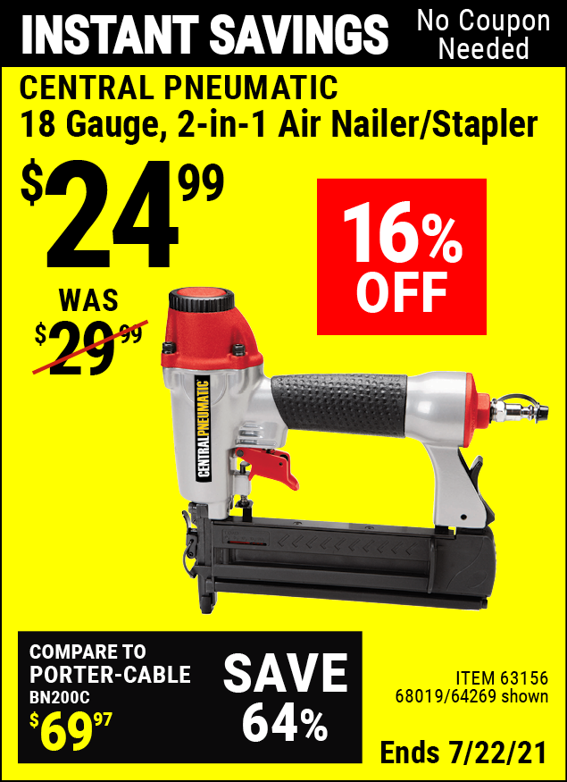 CENTRAL PNEUMATIC 18 Gauge 2in1 Air Nailer/Stapler for 24.99