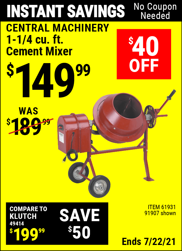 CENTRAL MACHINERY 11/4 Cubic Ft. Cement Mixer for 149.99 Harbor