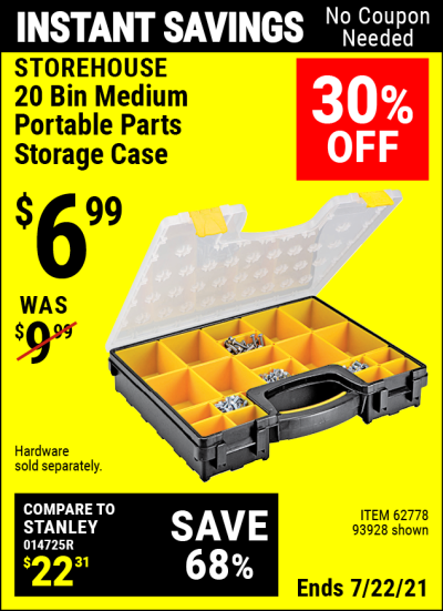 Buy the STOREHOUSE 20 Bin Medium Portable Parts Storage Case (Item 93928/62778) for $6.99, valid through 7/22/2021.