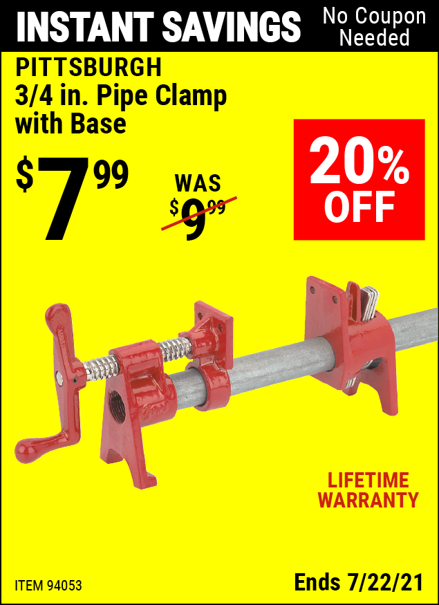 Buy the PITTSBURGH 3/4 in. Pipe Clamp with Base (Item 94053) for $7.99, valid through 7/22/2021.