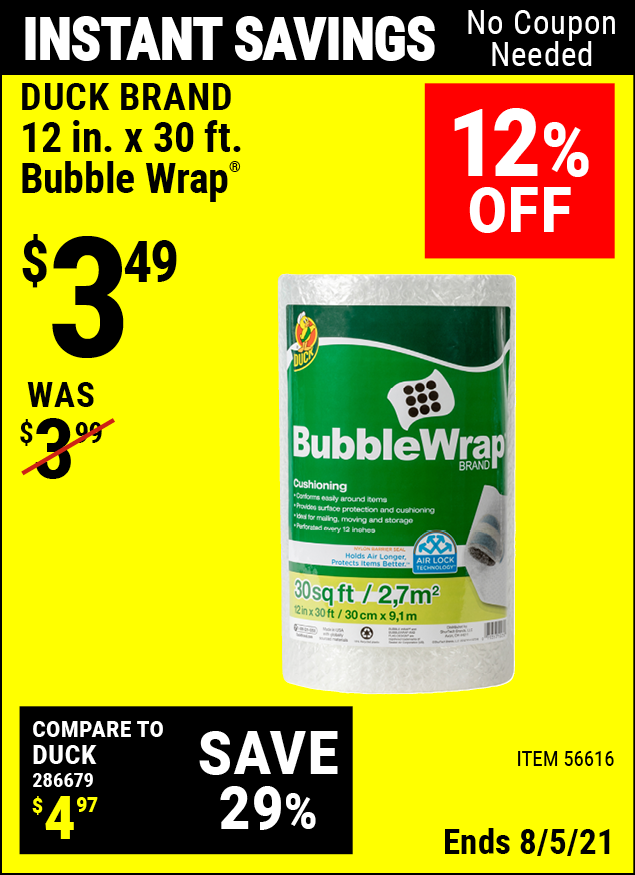 DUCK BRAND 12 in. x 30 ft. Bubble Wrap for 3.49 Harbor Freight Coupons