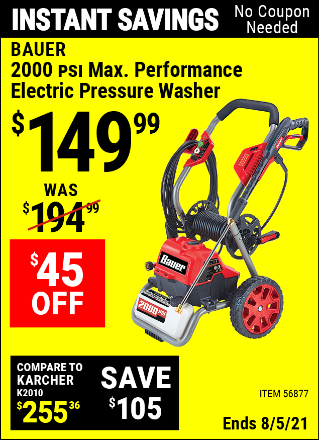 BAUER 2000 PSI Max Performance Electric Pressure Washer for 149.99