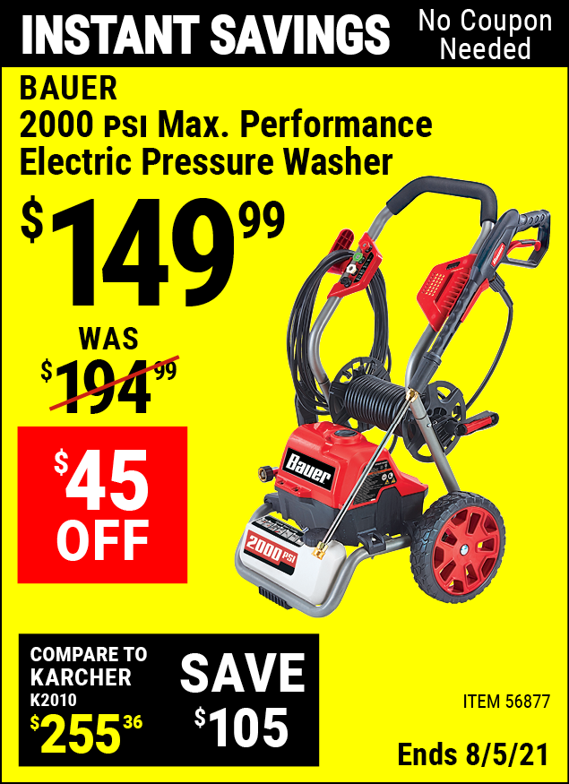 BAUER 2000 PSI Max Performance Electric Pressure Washer for $149.99 ...