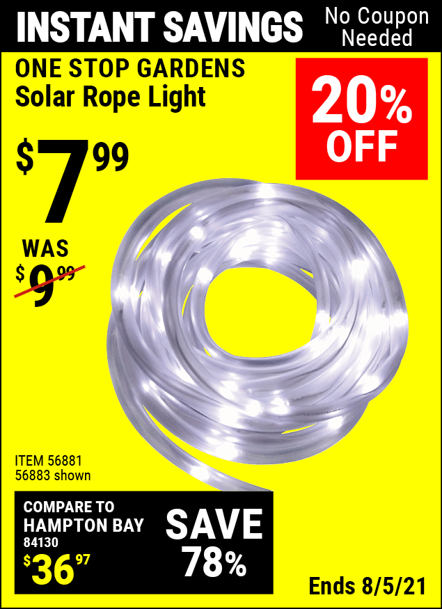 ONE STOP GARDENS Solar Rope Light for 7.99 Harbor Freight Coupons