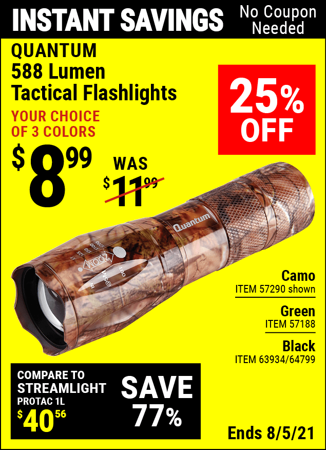 QUANTUM 588 Lumen Tactical Flashlight Camo for 8.99 Harbor Freight